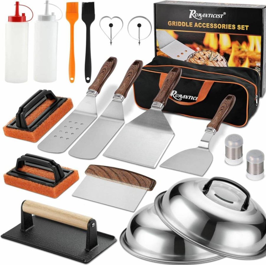 ROMANTICIST 19-Piece Teppanyaki Griddle Tool Set - Stainless Steel Spatulas, Scrapers & Basting Cover for Camp Chef, Outdoor BBQ & Home Cooking - Perfect Christmas Gift