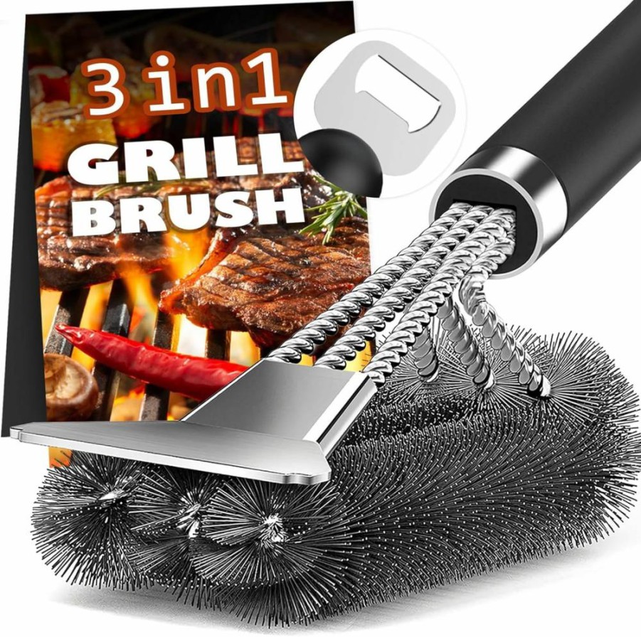 PePeng 18-Inch Adjustable Grill Brush with Scraper - Heavy Duty BBQ Cleaning Tool for Gas & Charcoal Grates - Safe Ergonomic Handle & Bottle Opener - Outdoor Grill Accessories