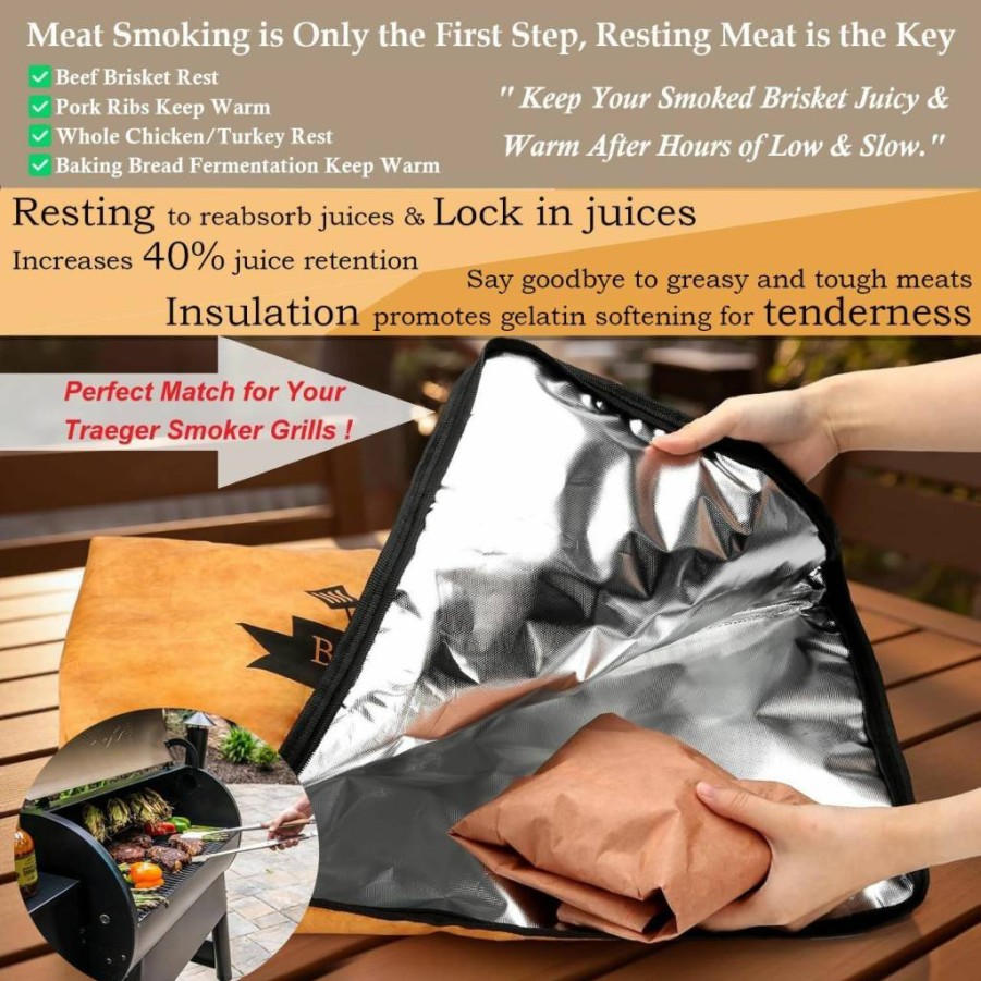 Find Law Reusable BBQ Meat Resting Blanket – Insulated Smoker Bag for Traeger Grill, Large Wide Mouth Design for Brisket/Beef, Perfect Gift for Men/Dad, Pellet Grill Accessories