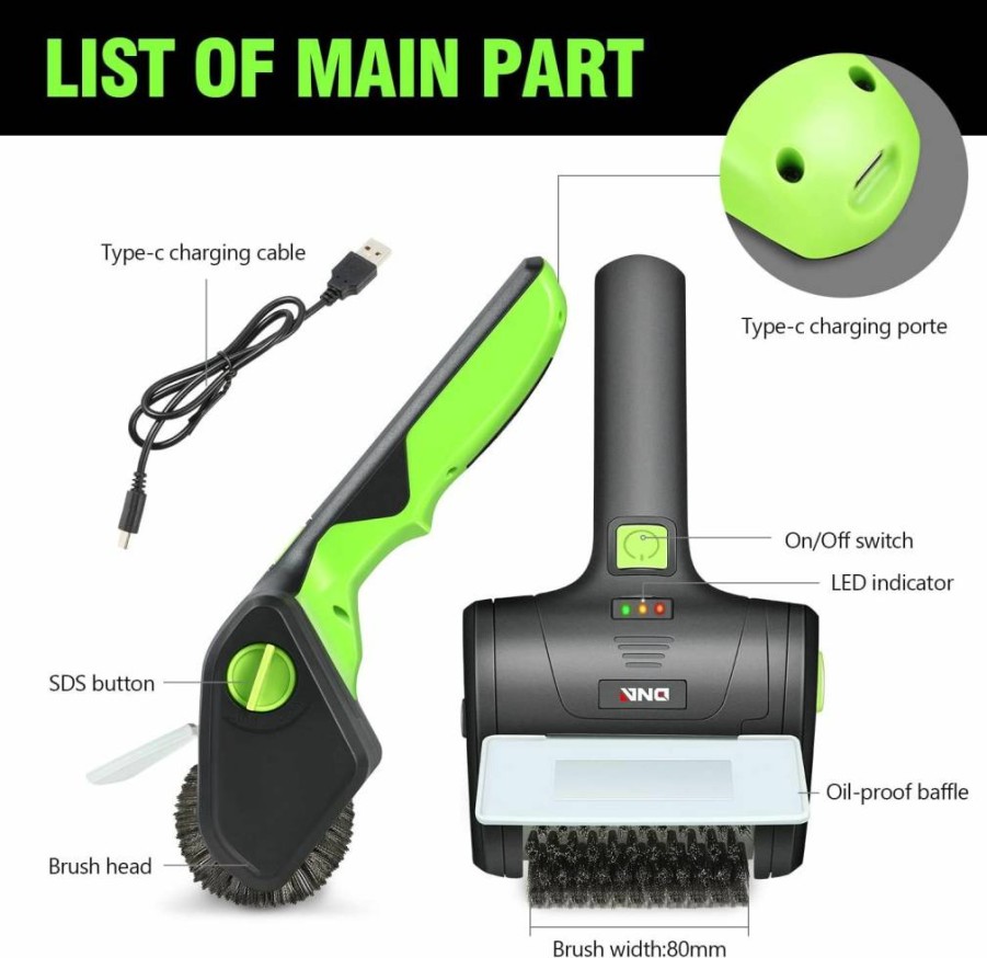 DNA MOTORING Rechargeable Cordless Electric Grill Cleaning Brush with Type-C Charging, Green/Black Scrubber for Outdoor BBQ