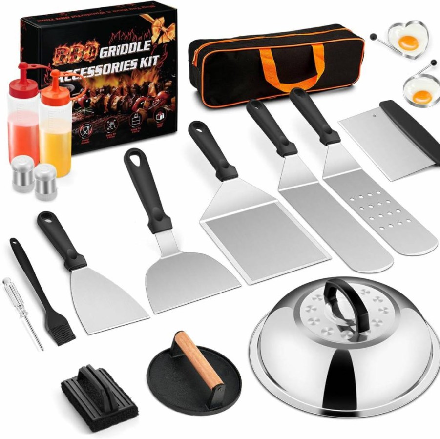 Joyfair 18-Piece Stainless Steel Griddle Accessories Kit with Basting Cover, Burger Press & Spatulas for BBQ, Teppanyaki, Hibachi Outdoor Cooking