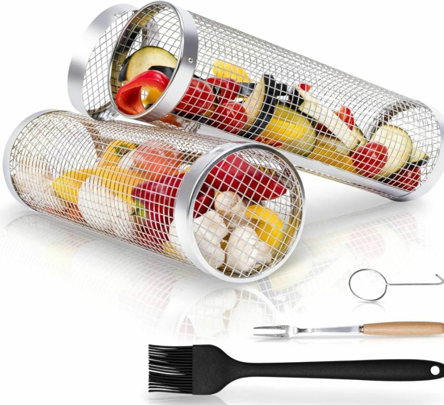 MODAURA 2-Pack Stainless Steel Grill Baskets for Big Green Egg - Outdoor Cooking Set with Fork, Hook & Oil Brush - Camping Accessories, BBQ Tools, Perfect Gift for Dad & Grill Lovers (304 Grade)