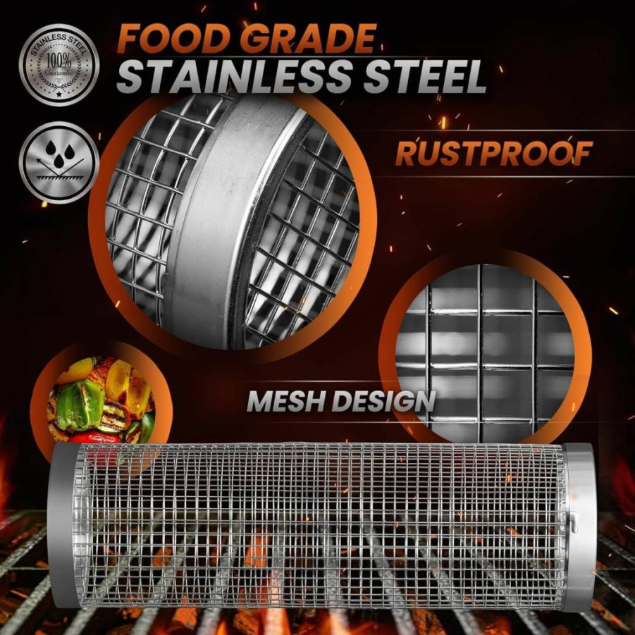 MODAURA 2-Pack Stainless Steel Grill Baskets for Big Green Egg - Outdoor Cooking Set with Fork, Hook & Oil Brush - Camping Accessories, BBQ Tools, Perfect Gift for Dad & Grill Lovers (304 Grade)