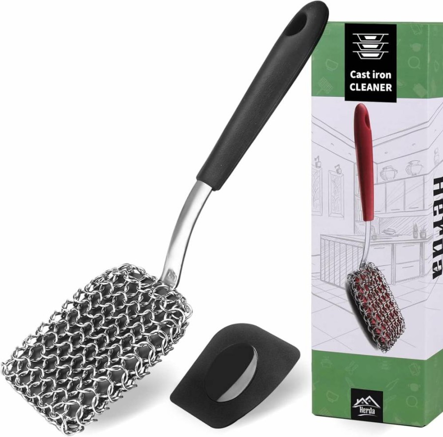 Herda 316 Stainless Steel Chainmail Scrubber for Cast Iron Pans - Heavy Duty Pot Scraper & Skillet Cleaner with Ergonomic Handle - Grill, Griddle, Wok & Dutch Oven Cleaning Tool