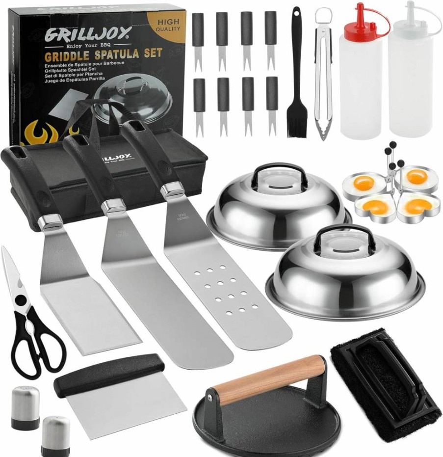 Grilljoy 28-Piece Professional Griddle Accessories Kit with Smash Burger Press, Heavy-Duty Spatula, Turner & BBQ Tools for Outdoor Cooking, Camping & Teppanyaki