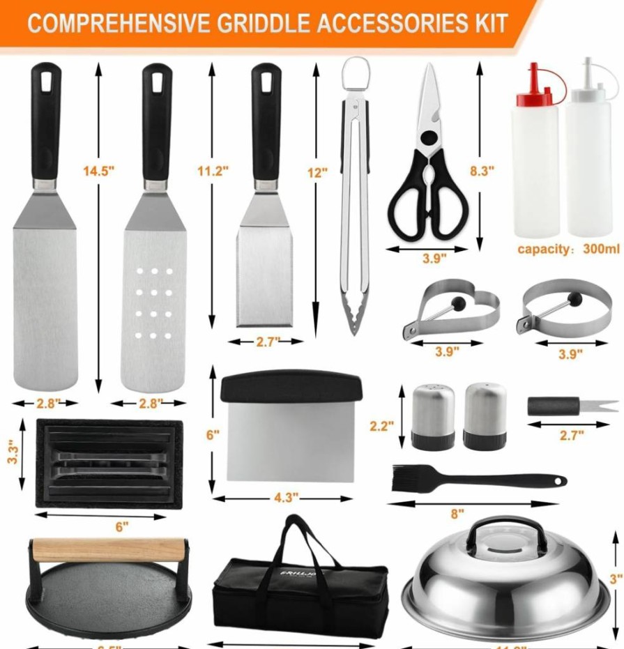 Grilljoy 28-Piece Professional Griddle Accessories Kit with Smash Burger Press, Heavy-Duty Spatula, Turner & BBQ Tools for Outdoor Cooking, Camping & Teppanyaki