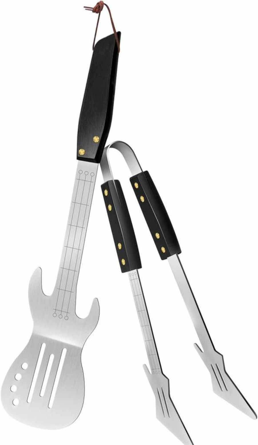 PEPKICN Heavy Duty Stainless Steel BBQ Tool Set - Rock Guitar Style Spatula & Tongs with Wooden Handle for Grilling