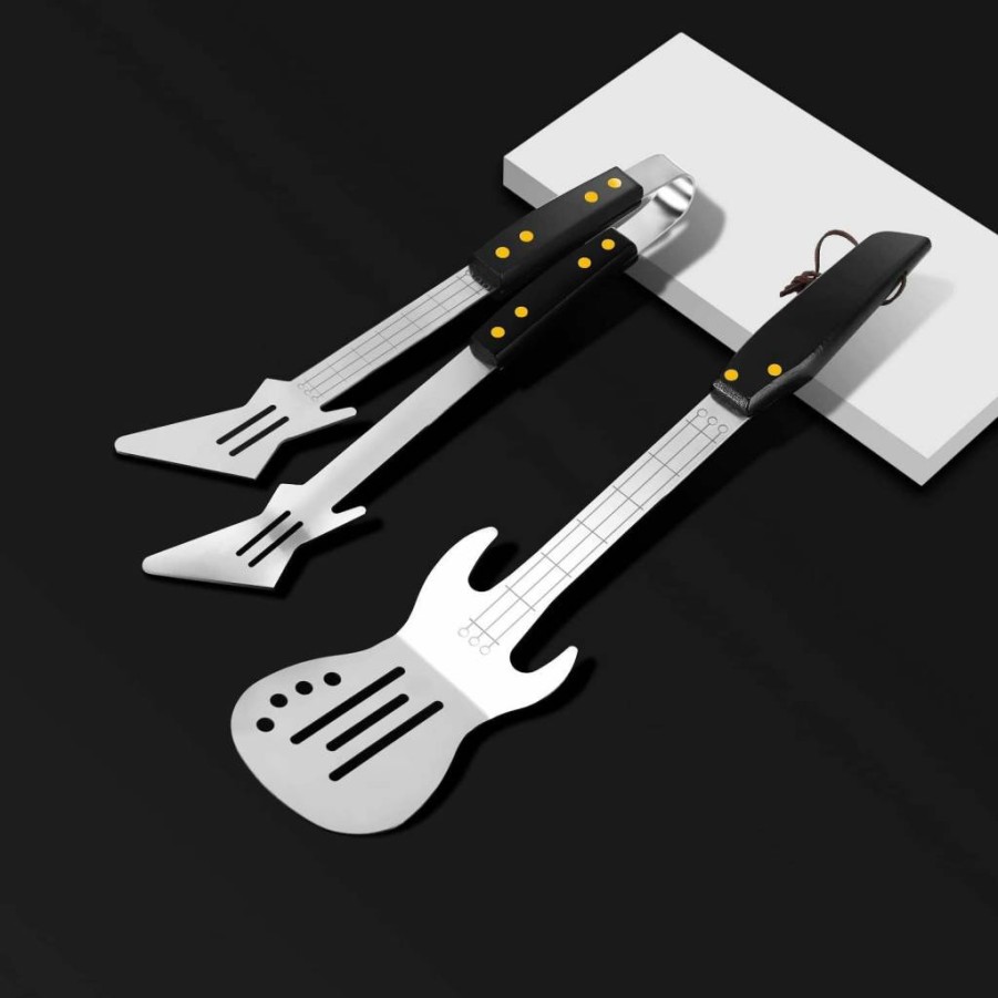 PEPKICN Heavy Duty Stainless Steel BBQ Tool Set - Rock Guitar Style Spatula & Tongs with Wooden Handle for Grilling