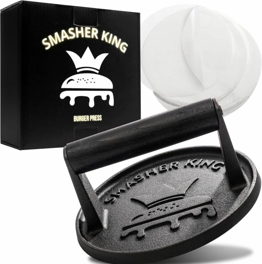 SMASHER KING Cast Iron Burger Press with Wood Handle - Heavy Duty Smash Burger Maker for Griddle, Includes 25 Non-Stick Patty Papers, Perfect Hamburger Patty Tool for Juicy Burgers