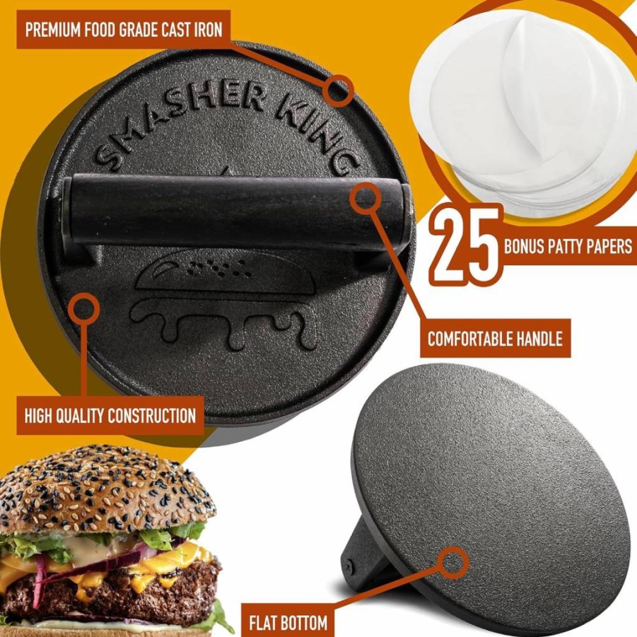 SMASHER KING Cast Iron Burger Press with Wood Handle - Heavy Duty Smash Burger Maker for Griddle, Includes 25 Non-Stick Patty Papers, Perfect Hamburger Patty Tool for Juicy Burgers