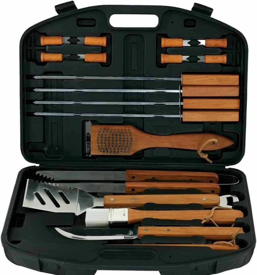 Mr. Bar-B-Q 18-Piece Stainless Steel Grill Tool Set with Wooden Handles – Premium BBQ Accessories Kit Including Tongs, Spatula, Fork & Brush – Ideal Gift for Men, Dad, Backyard Grilling & Camping
