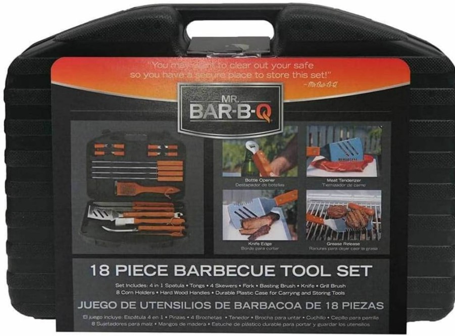 Mr. Bar-B-Q 18-Piece Stainless Steel Grill Tool Set with Wooden Handles – Premium BBQ Accessories Kit Including Tongs, Spatula, Fork & Brush – Ideal Gift for Men, Dad, Backyard Grilling & Camping