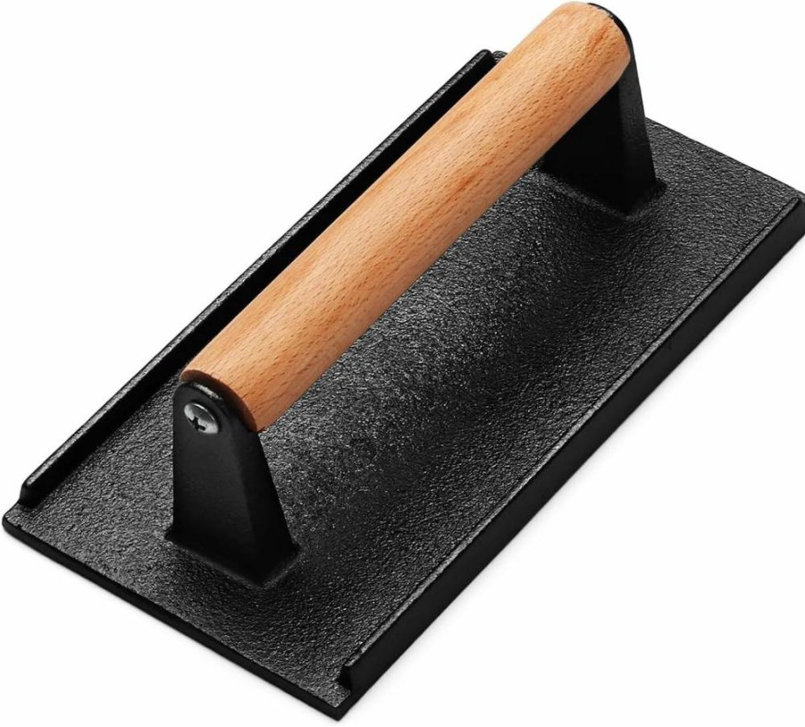 AIVIKI Cast Iron Burger Press - 6.9" Round & 8.2"x4.2" Rectangle Smash Grill Press for Blackstone Griddle, Heavy Duty Bacon Steak Weight with Wood Handle for Sandwich, Panini, and Meat Cooking