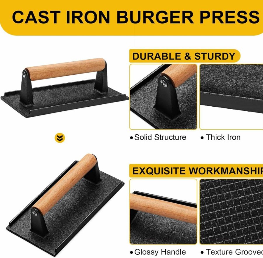 AIVIKI Cast Iron Burger Press - 6.9" Round & 8.2"x4.2" Rectangle Smash Grill Press for Blackstone Griddle, Heavy Duty Bacon Steak Weight with Wood Handle for Sandwich, Panini, and Meat Cooking