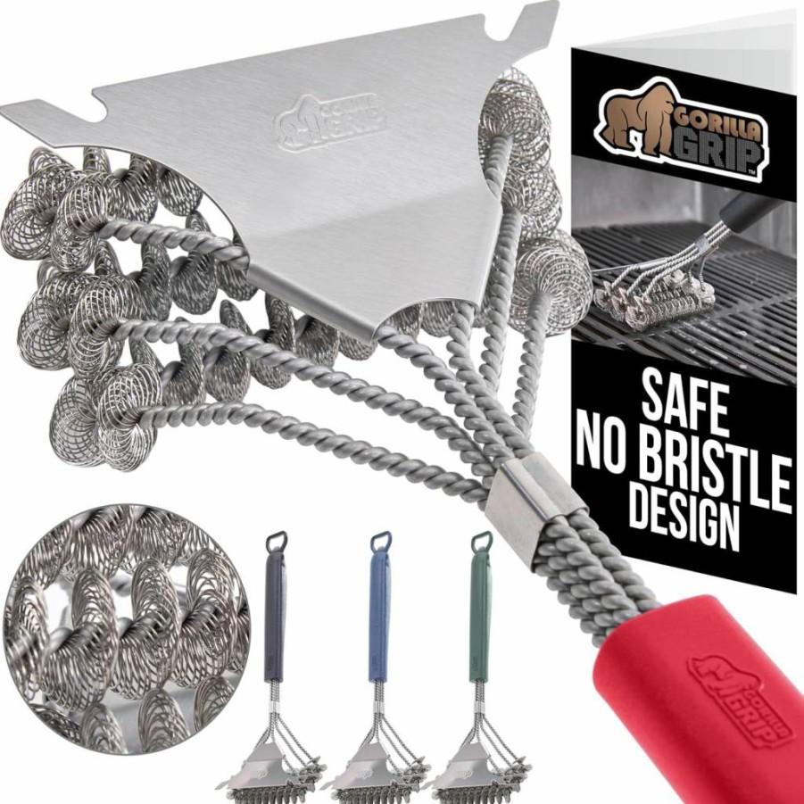 GORILLA GRIP Heavy Duty No Bristle BBQ Grill Brush with Scraper - 17.5 Inch Triple Helix Design for Safe Steam Cleaning, Ergonomic Handle with Bottle Opener - Outdoor Grill Cleaning Tools (Black)