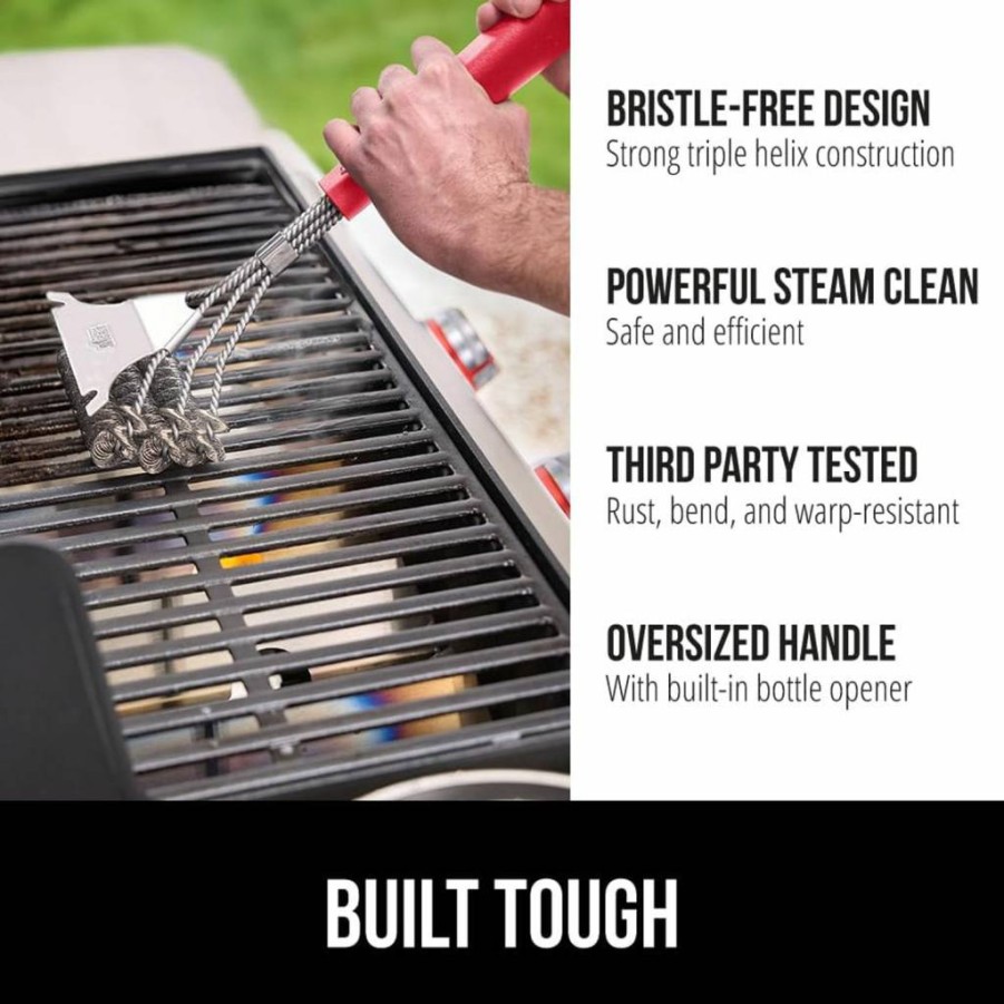 GORILLA GRIP Heavy Duty No Bristle BBQ Grill Brush with Scraper - 17.5 Inch Triple Helix Design for Safe Steam Cleaning, Ergonomic Handle with Bottle Opener - Outdoor Grill Cleaning Tools (Black)