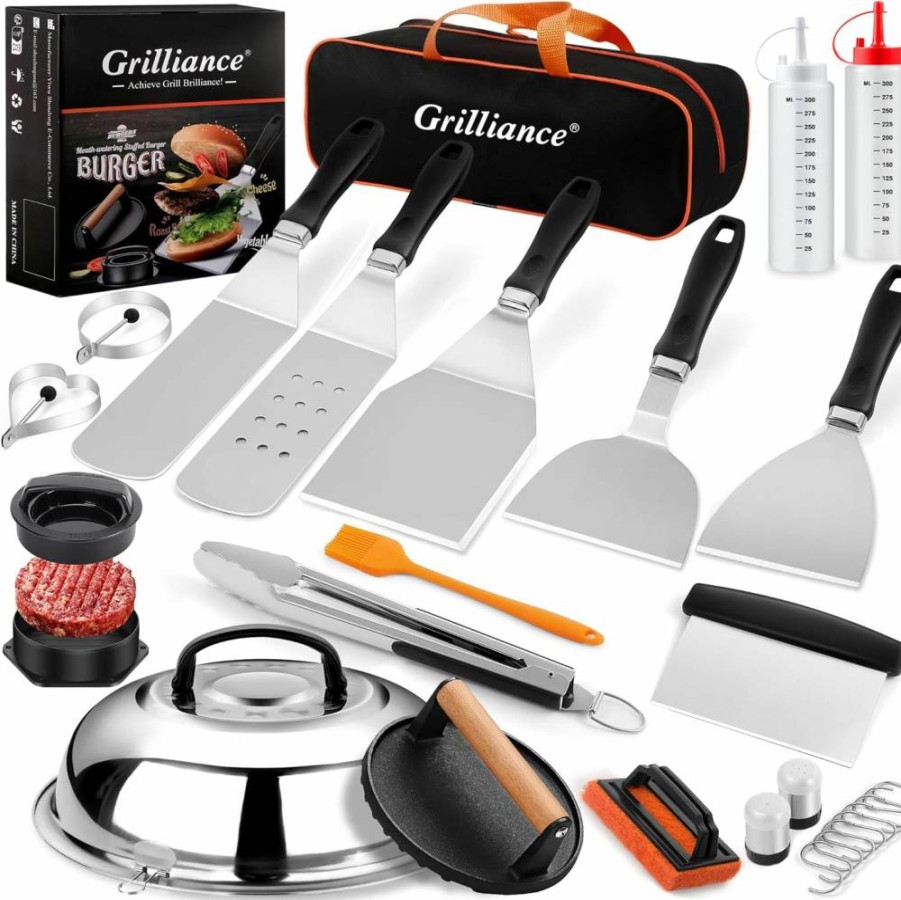 Grilliance 27-Piece Professional Griddle Accessories Kit for Blackstone & Hibachi Grills, Includes Spatula, Basting Cover, Burger Press for Outdoor BBQ, Teppanyaki, and Flat Top Cooking