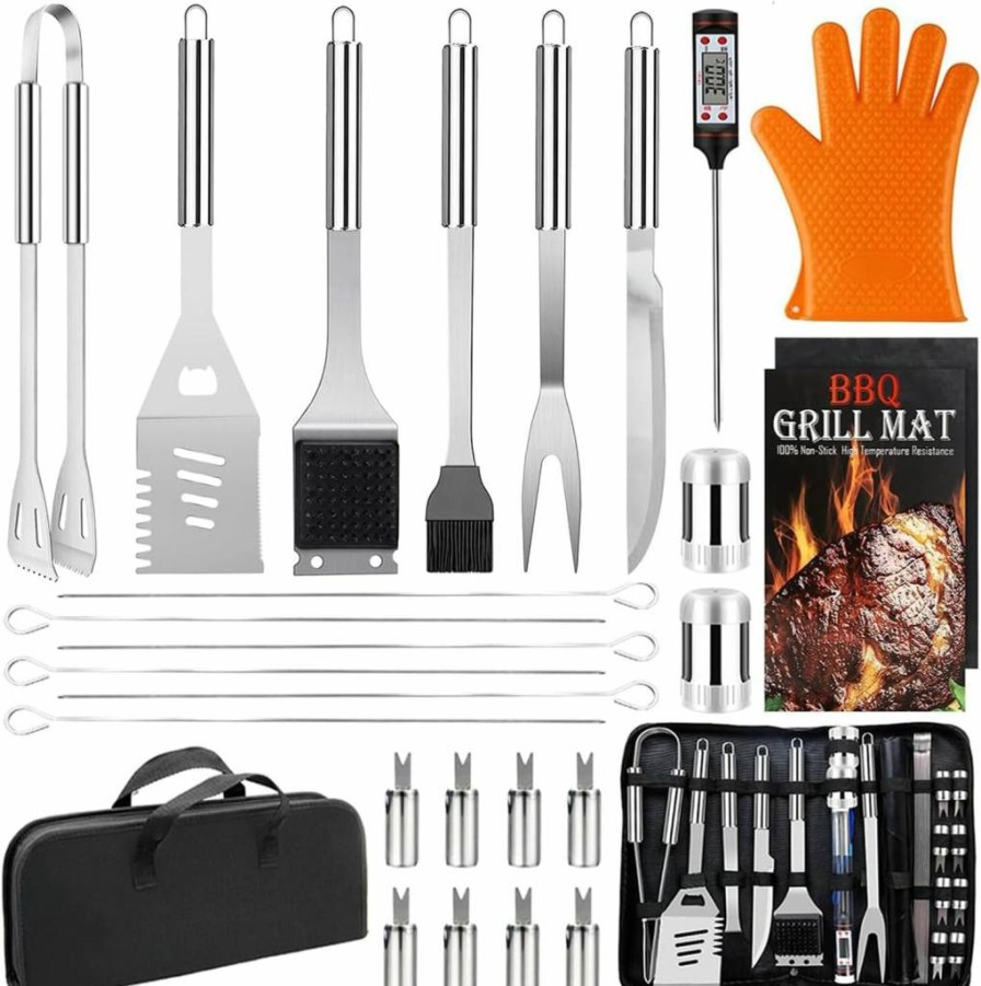 MUYFIO 28-Piece Stainless Steel BBQ Grill Tools Set with Storage Bag – Portable Grilling Accessories Kit for Outdoor Cooking, Camping, Father’s Day Gifts for Men