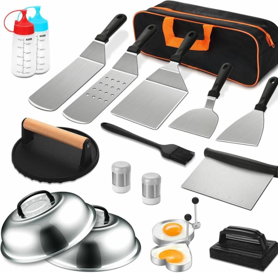 EWFEN 19-Piece Stainless Steel Griddle Accessories Kit for Blackstone & Camp Chef - Grill Spatula Set, Basting Cover, Scraper for Outdoor BBQ Cooking