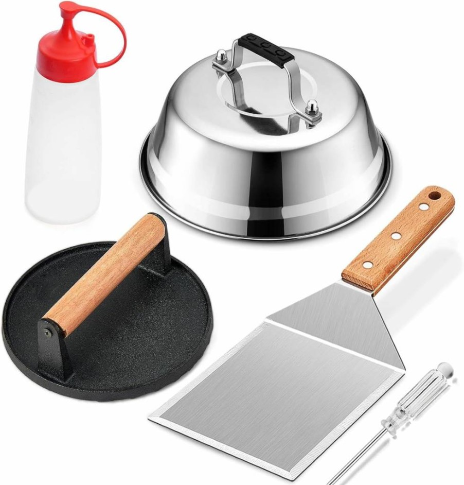 Joyfair 5-Piece Smash Burger Kit with 9-Inch Melting Dome, Stainless Steel Spatula, Cast Iron Bacon Press, Basting Cover & ABS Handle for Outdoor BBQ & Griddle Cooking