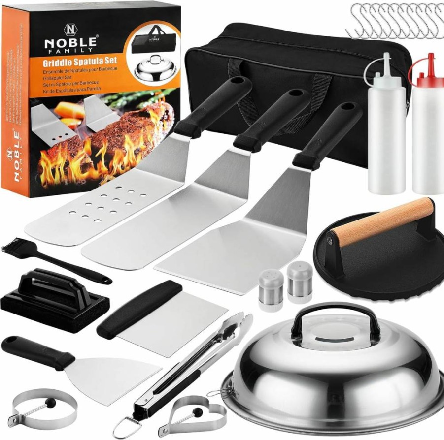 27-Piece N NOBLE FAMILY Premium Griddle Accessories Kit - Professional BBQ Tool Set with Spatulas, Burger Press, Melting Dome for Outdoor Cooking & Camping Grills