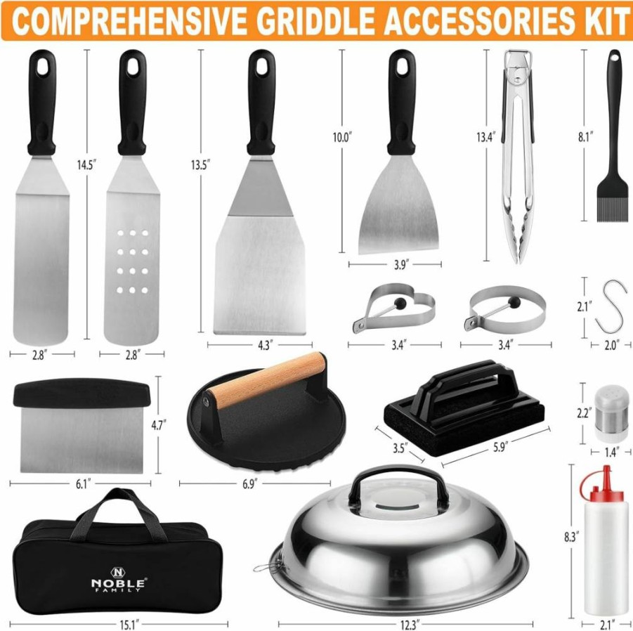 27-Piece N NOBLE FAMILY Premium Griddle Accessories Kit - Professional BBQ Tool Set with Spatulas, Burger Press, Melting Dome for Outdoor Cooking & Camping Grills