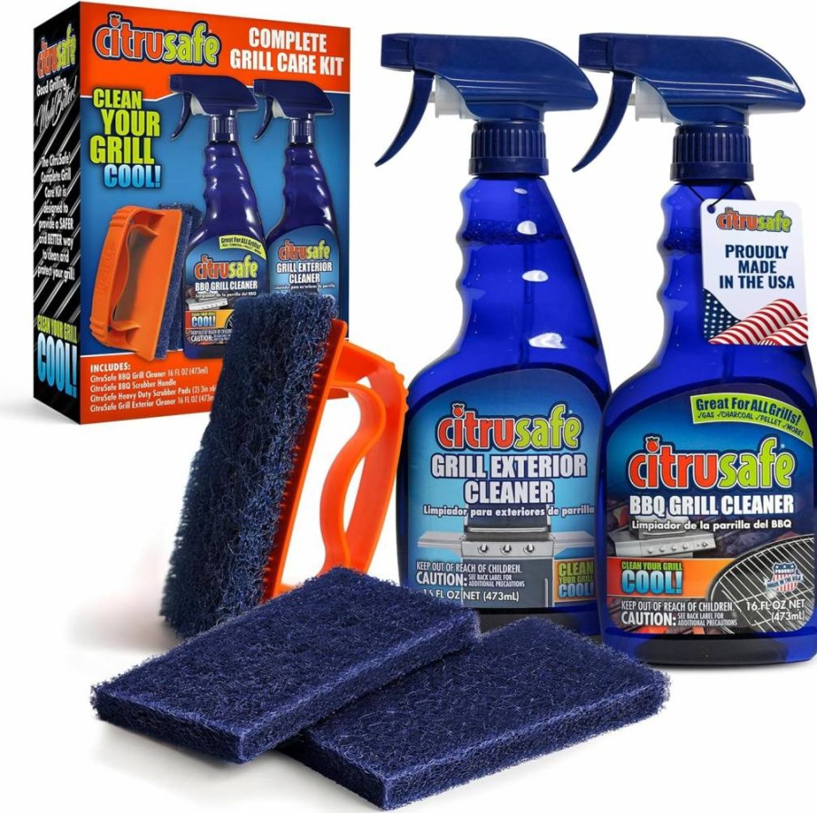 Citrusafe Grill Care Kit - BBQ Grid Cleaner, Grate Scrubber & Exterior Degreaser, 16 oz, Natural Citrus Formula