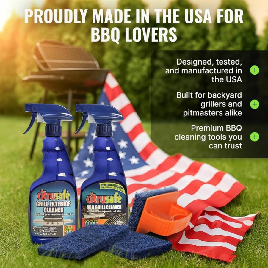 Citrusafe Grill Care Kit - BBQ Grid Cleaner, Grate Scrubber & Exterior Degreaser, 16 oz, Natural Citrus Formula