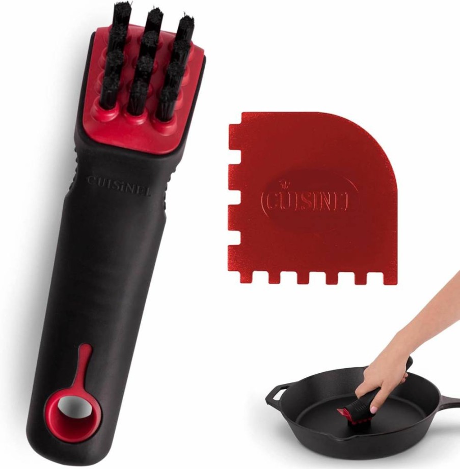 Cuisinel Cast Iron Cleaner Kit - Chain Mail Scrubber, Silicone Brush & Grill Scrapers for Skillet & Pan Cleaning - Stainless Steel & Soft-Grip Dishwashing Tools