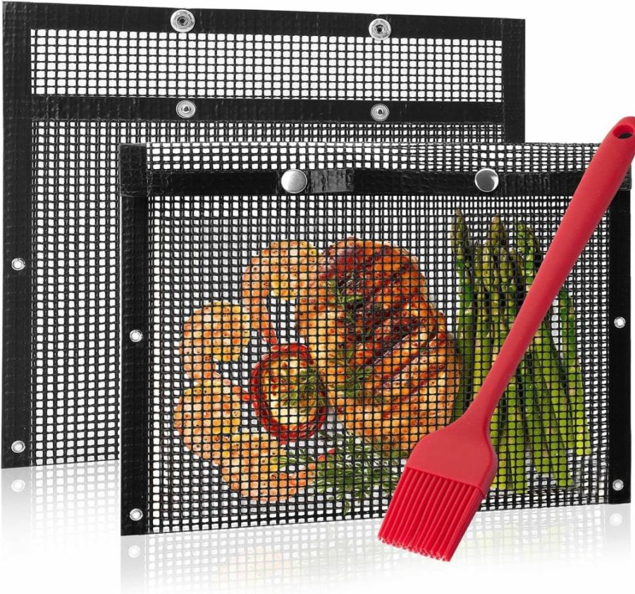 UNCO Reusable Mesh BBQ Grill Bags 2 Pack - 11.8x10.6 Inch Grill Pouch with Basting Brush, Easy Clean Barbecue Cooking Bags for Grilling