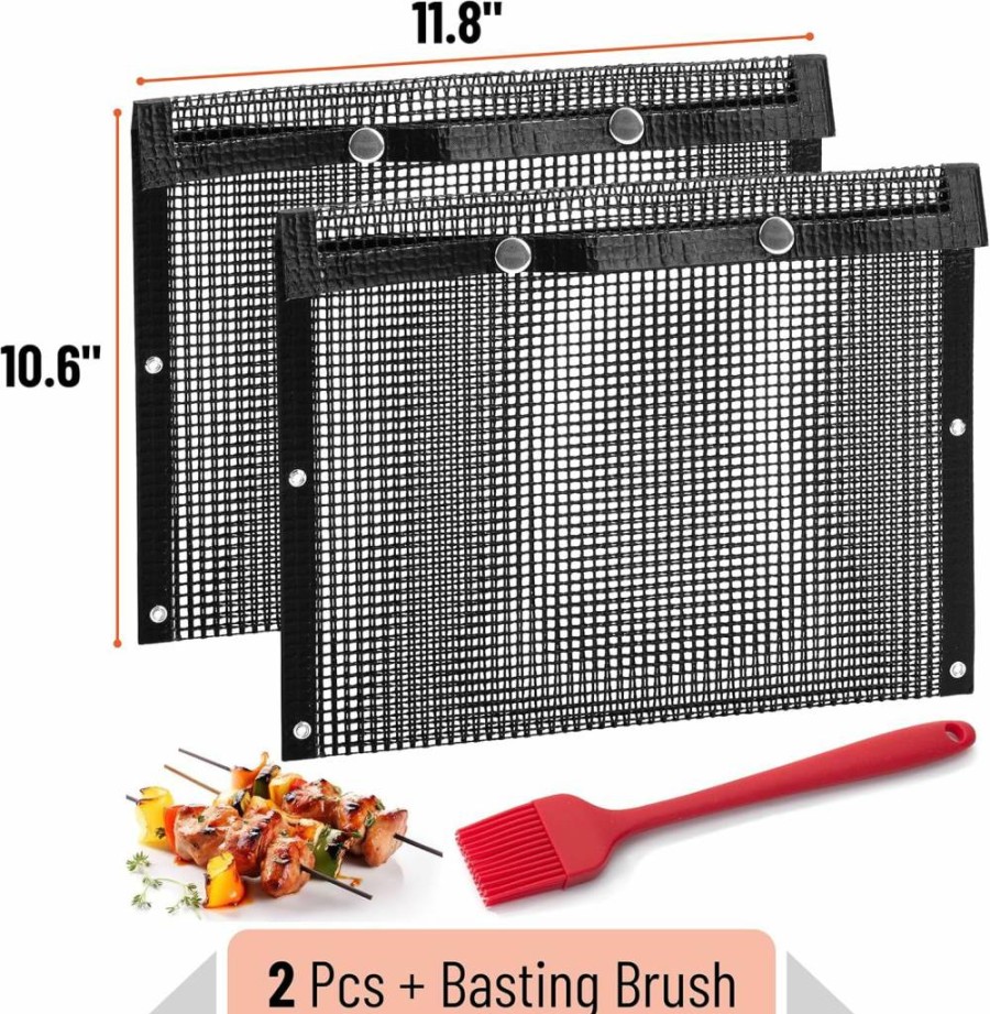 UNCO Reusable Mesh BBQ Grill Bags 2 Pack - 11.8x10.6 Inch Grill Pouch with Basting Brush, Easy Clean Barbecue Cooking Bags for Grilling