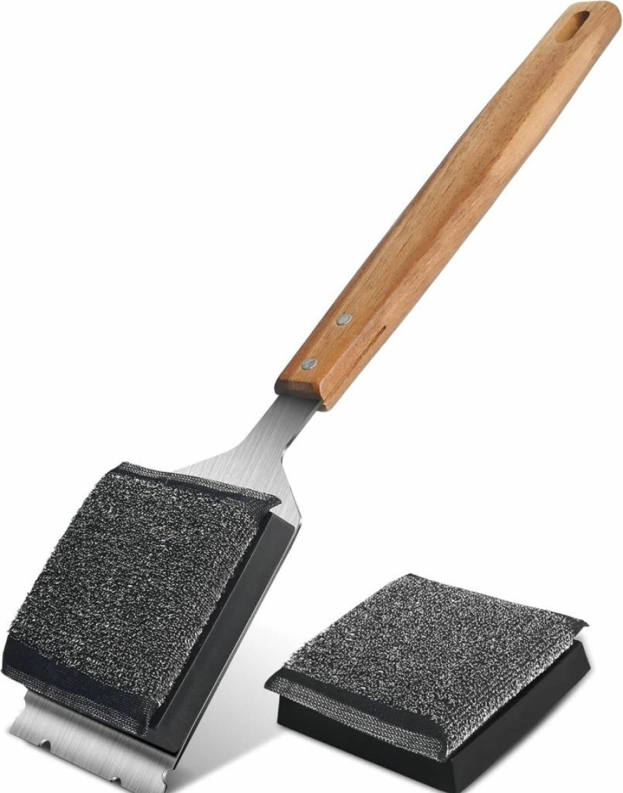 Matscover Grill Brush - Bristle-Free BBQ Cleaner with Stainless Steel Scraper & Wooden Handle, Includes 1 Replacement Head for Outdoor Cooking & Grill Grates