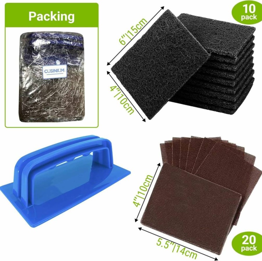CUSINIUM 31-Piece Grill Cleaning Kit with Screen Holder, 20 Stainless Steel Scrubber Screens & 10 Non-Scratch Cleaning Pads for Griddle Maintenance