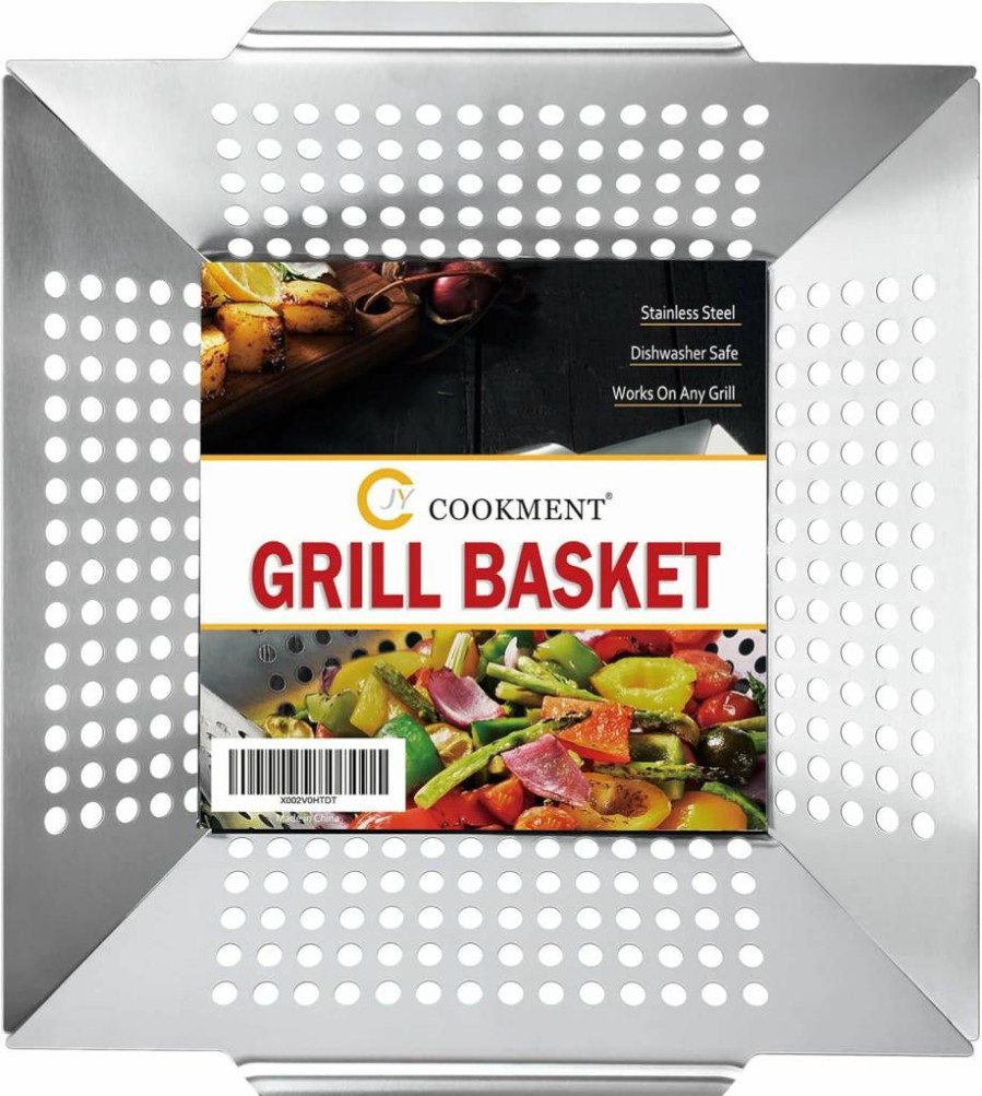 JY COOKMENT Stainless Steel Grill Basket for Vegetables & Kabobs – Heavy Duty Indoor/Outdoor Cooking, Fits All Grills, Dishwasher Safe BBQ Accessories