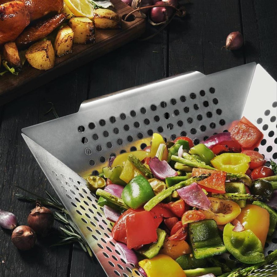 JY COOKMENT Stainless Steel Grill Basket for Vegetables & Kabobs – Heavy Duty Indoor/Outdoor Cooking, Fits All Grills, Dishwasher Safe BBQ Accessories