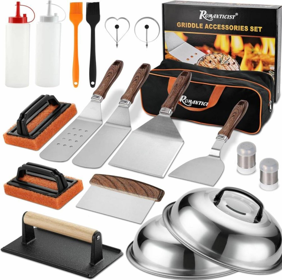 ROMANTICIST 19-Piece Teppanyaki Griddle Tool Set - Stainless Steel Spatulas, Scrapers, Basting Cover for Camp Chef, Outdoor BBQ, and Home Cooking - Perfect Christmas Gift