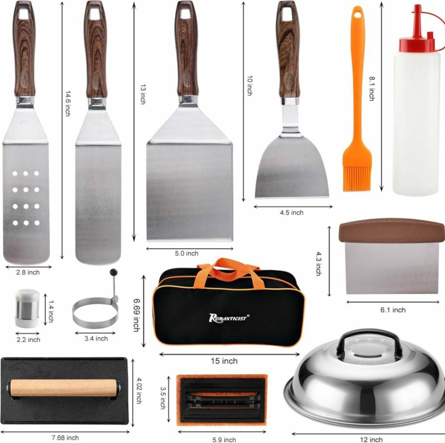 ROMANTICIST 19-Piece Teppanyaki Griddle Tool Set - Stainless Steel Spatulas, Scrapers, Basting Cover for Camp Chef, Outdoor BBQ, and Home Cooking - Perfect Christmas Gift