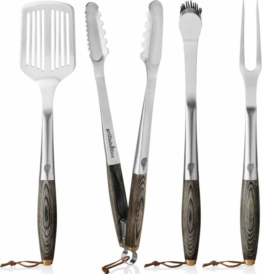 Grillaholics 4-Piece Premium BBQ Grill Set with Wooden Gift Box - Luxury Barbecue Tools for Dad, Perfect Father's Day Gift