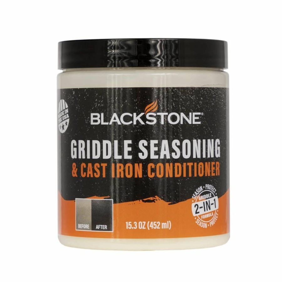 BLACKSTONE 4146 2-in-1 Cast Iron Seasoning Oil & Griddle Conditioner Kit - Plant-Based Vegan Formula for Grill Grates, Skillets, Dutch Ovens (15.3 oz) - Clean, Protect & Maintain Cookware