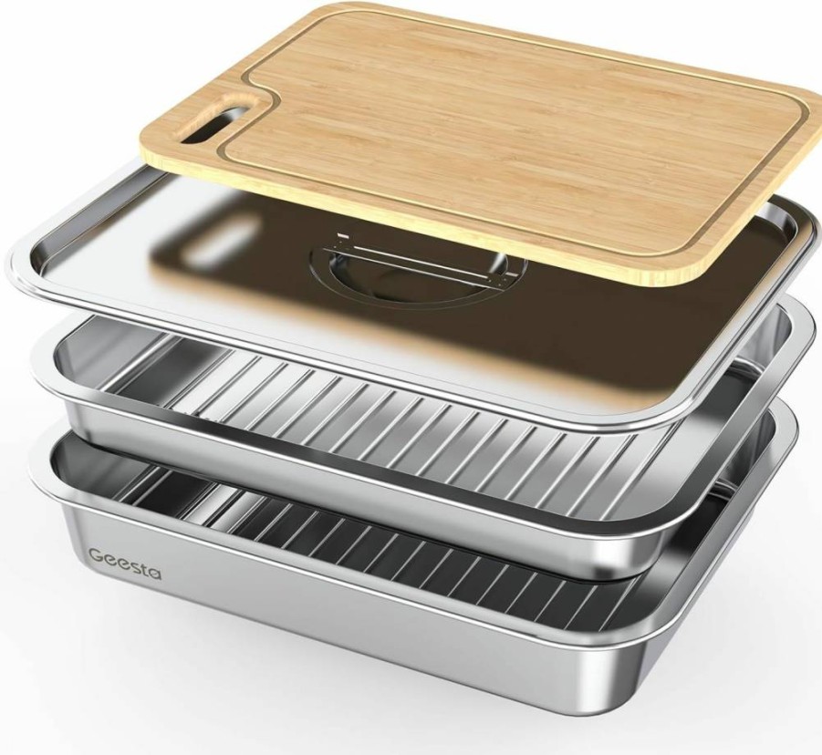 Geesta Stainless Steel Grill Prep & Serve Tray with Lid - Large BBQ Food Marinating Container, Cutting Board & Carry Handle - Perfect Grilling Accessories Gift for Men