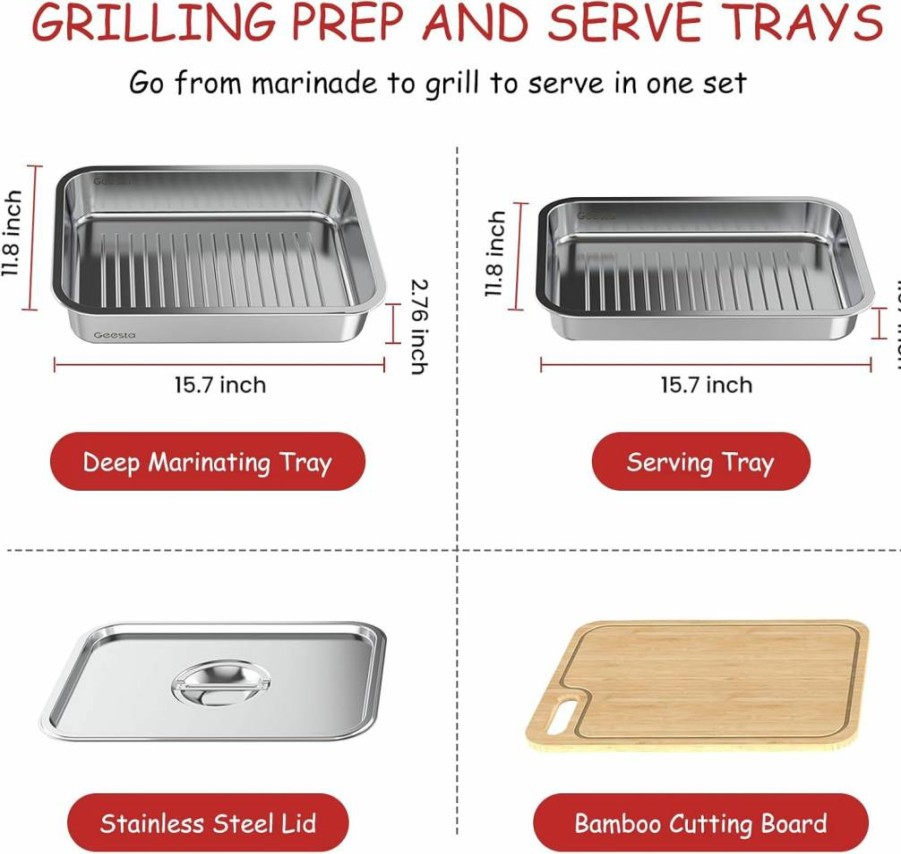 Geesta Stainless Steel Grill Prep & Serve Tray with Lid - Large BBQ Food Marinating Container, Cutting Board & Carry Handle - Perfect Grilling Accessories Gift for Men
