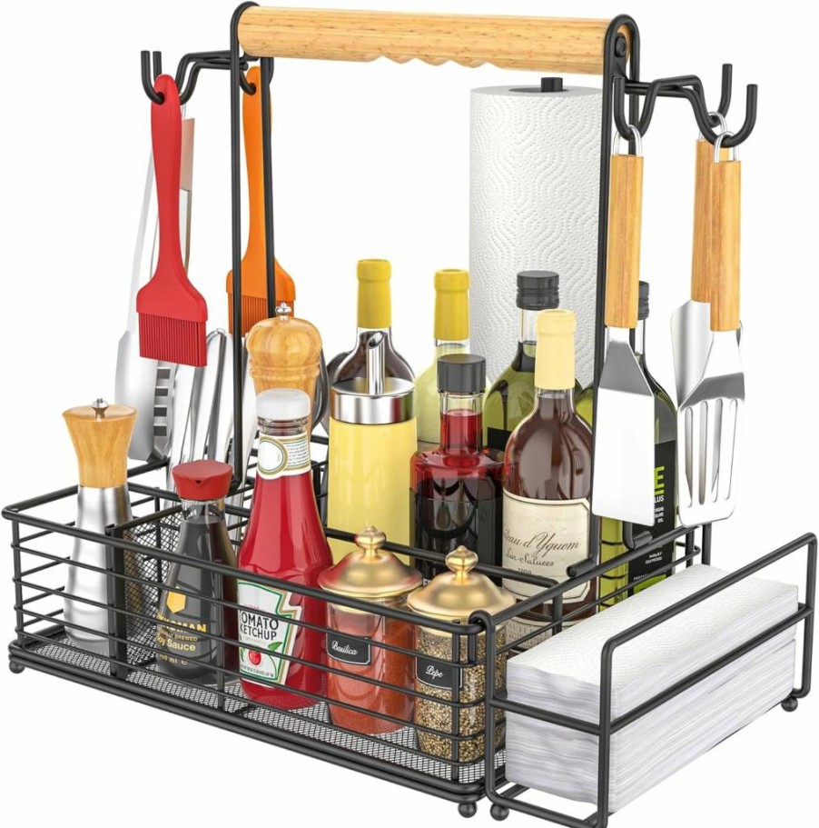 Toncoke Large Grill Caddy with Paper Towel Holder, Side Hooks & Utensil Storage - Portable BBQ Tool Organizer for Camping, RV, Patio, and Outdoor Cooking