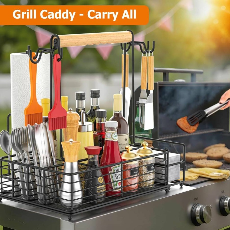 Toncoke Large Grill Caddy with Paper Towel Holder, Side Hooks & Utensil Storage - Portable BBQ Tool Organizer for Camping, RV, Patio, and Outdoor Cooking
