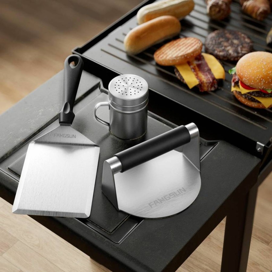 FANGSUN 5.8 Inch Stainless Steel Burger Press with Non-Stick Coating & Anti-Scald Handle, Heavy Duty Hamburger Smasher for Griddle, Flat Top Grill Accessories, Perfect for BBQ, Kitchen & Cooking Gifts