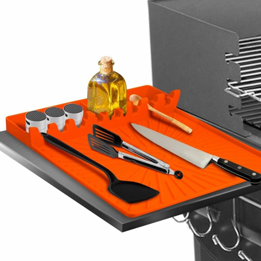 Koolstuffs Reusable Silicone Grill Mat for Outdoor Cooking - Large Non-Slip Griddle Accessory with Drip Pad, Spatula & Side Shelf, Fits Blackstone, Orange
