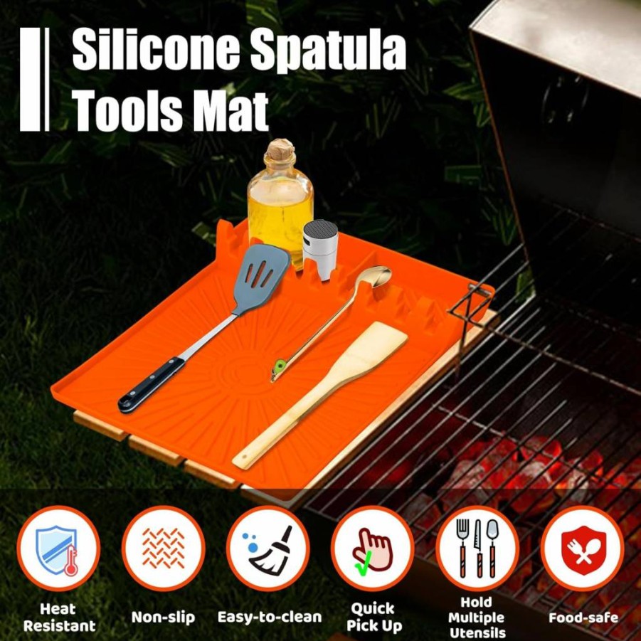 Koolstuffs Reusable Silicone Grill Mat for Outdoor Cooking - Large Non-Slip Griddle Accessory with Drip Pad, Spatula & Side Shelf, Fits Blackstone, Orange