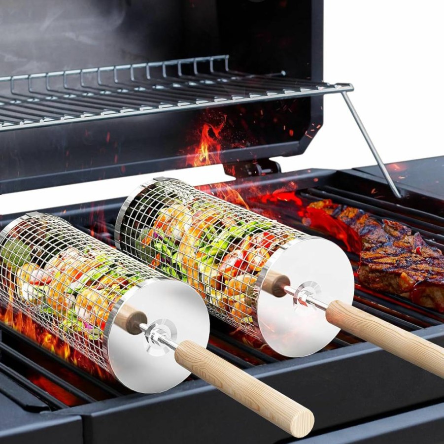 IVTIVFU 2-Piece Stainless Steel Rolling Grill Basket with Removable Wooden Handle - BBQ Cooking Tool for Vegetables, Shrimp, Camping & Outdoor Gifts for Men, Dad, Husband