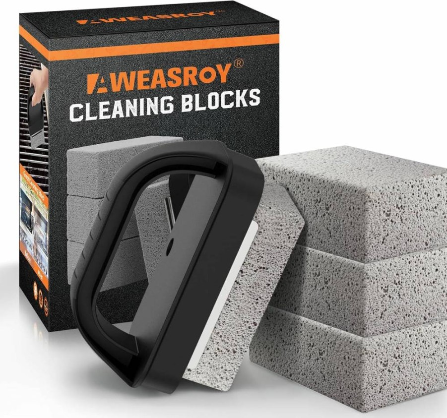 AWEASROY Heavy Duty Grill Cleaner Brick with Handle - 4 Pack Pumice Stone for BBQ, Griddle, Sink, Pool Stain Removal - Durable Scrubber for Tough Grease & Carbon Buildup