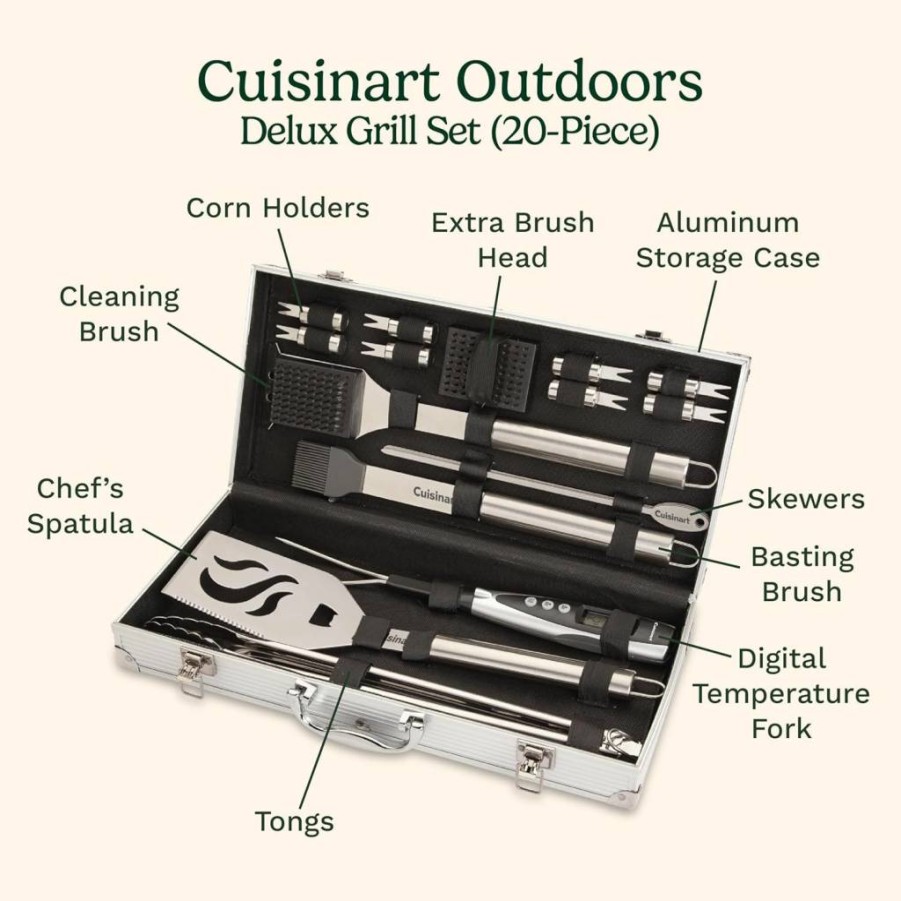 Cuisinart 20-Piece Premium BBQ Grill Set with Aluminum Case - Stainless Steel Spatula, Tongs, Digital Meat Thermometer & Grilling Utensils for Outdoor Cooking