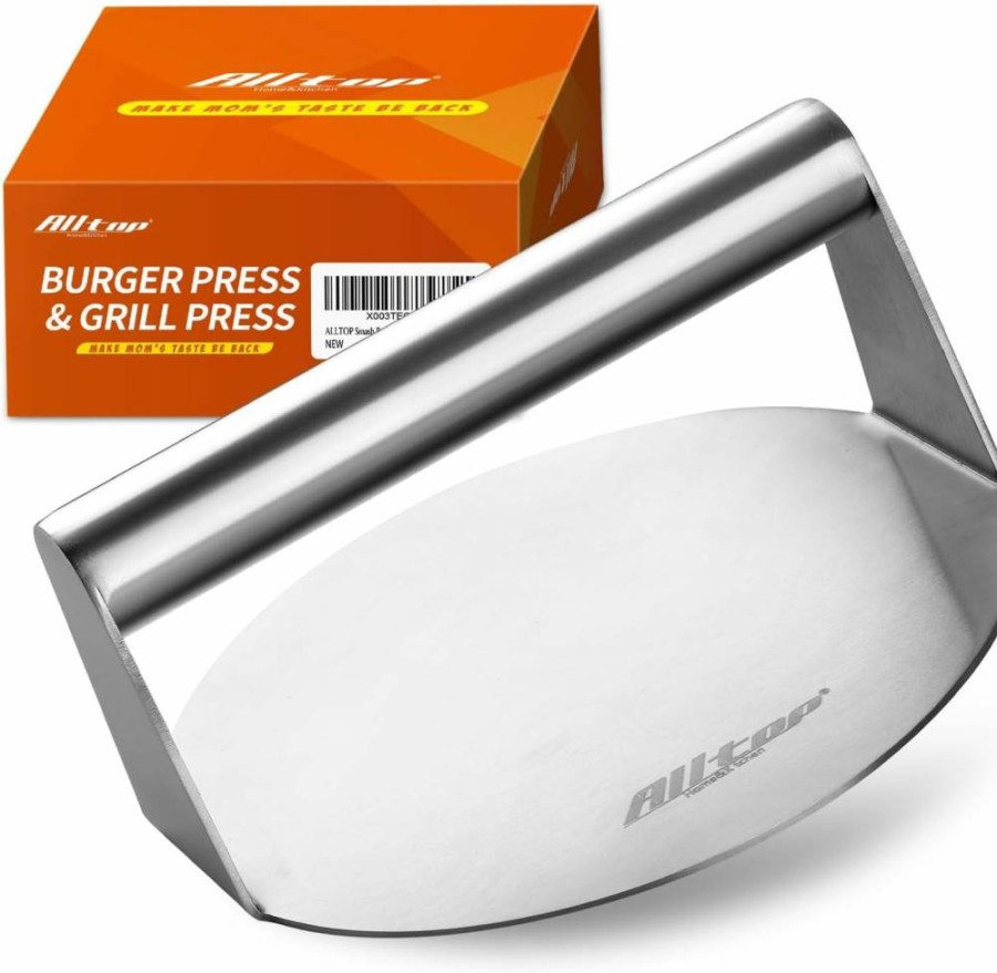 ALLTOP Stainless Steel Burger Press 5.5 Inch - Non-Stick Smash Patty Maker for Griddle, Grill, BBQ - Heavy Duty Hamburger Smasher Kitchen Tool